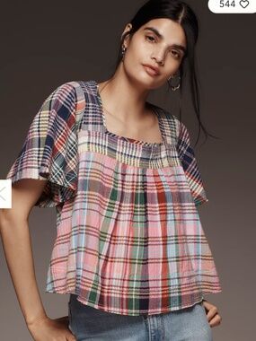 Anthropologie Pilcro Mixed Madras Flutter-Sleeve Blouse